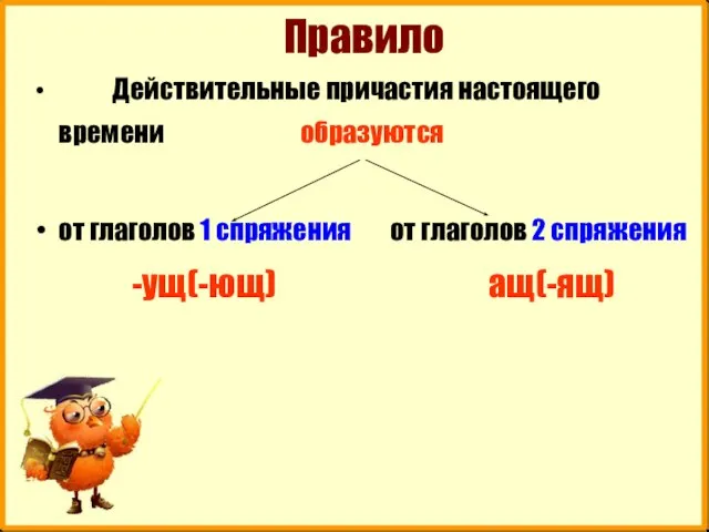 Правило Действительные причастия настоящего времени образуются от глаголов 1 спряжения от глаголов 2 спряжения -ущ(-ющ) ащ(-ящ)