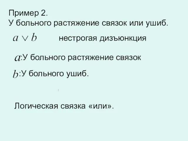 : Пример 2. У больного растяжение связок или ушиб. нестрогая дизъюнкция :У