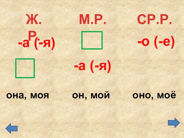 М.Р. -а (-я) -а (-я) -о (-е) она, моя он, мой оно, моё Ж.Р. СР.Р.