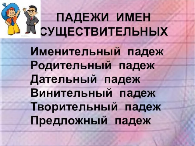 ПАДЕЖИ ИМЕН СУЩЕСТВИТЕЛЬНЫХ Именительный падеж Родительный падеж Дательный падеж Винительный падеж Творительный падеж Предложный падеж