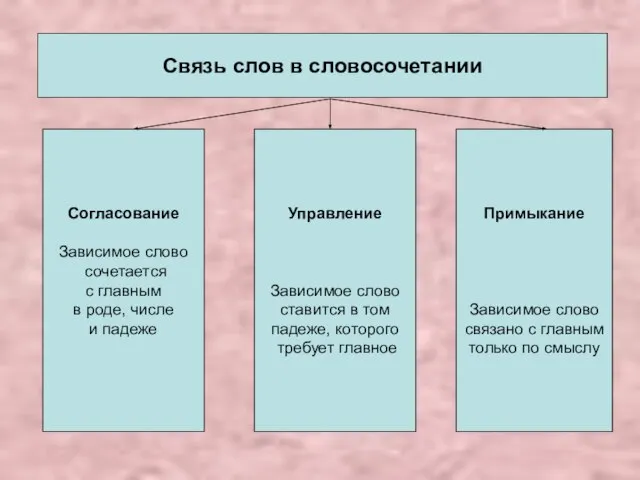 Связь слов в словосочетании Согласование Зависимое слово сочетается с главным в роде,