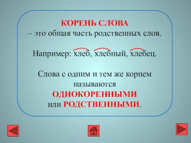 КОРЕНЬ СЛОВА – это общая часть родственных слов. Например: хлеб, хлебный, хлебец.