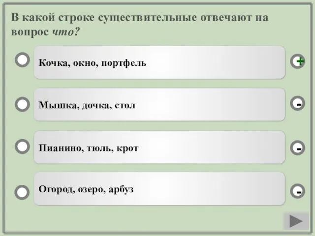 В какой строке существительные отвечают на вопрос что? Кочка, окно, портфель Мышка,