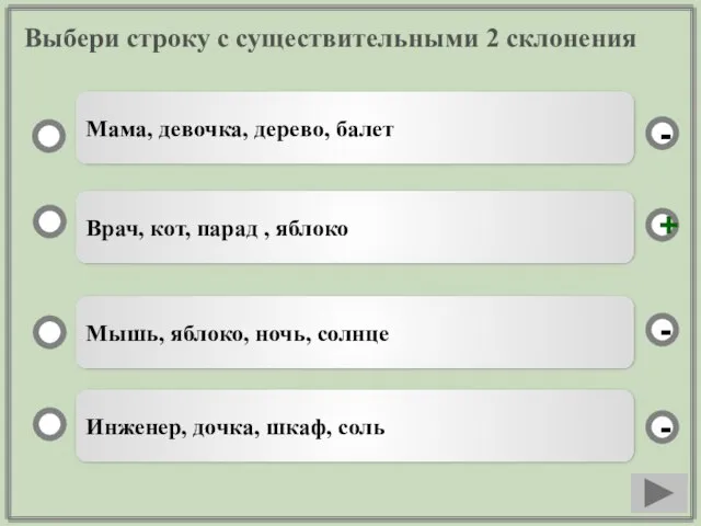 Выбери строку с существительными 2 склонения Врач, кот, парад , яблоко Мышь,