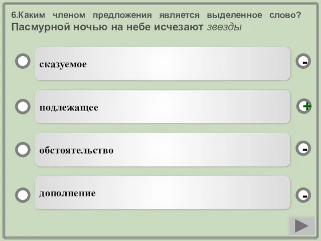 6.Каким членом предложения является выделенное слово? Пасмурной ночью на небе исчезают звезды