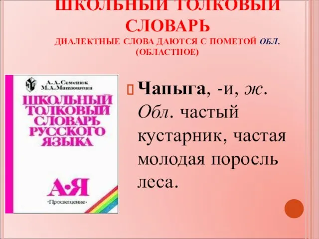 ШКОЛЬНЫЙ ТОЛКОВЫЙ СЛОВАРЬ ДИАЛЕКТНЫЕ СЛОВА ДАЮТСЯ С ПОМЕТОЙ ОБЛ. (ОБЛАСТНОЕ) Чапыга, -и,