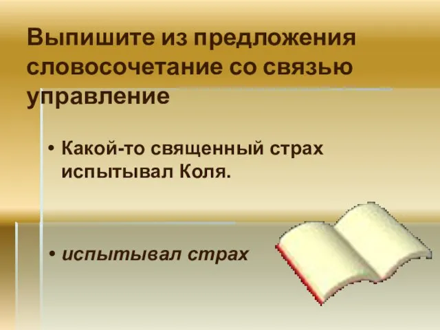 Выпишите из предложения словосочетание со связью управление Какой-то священный страх испытывал Коля. испытывал страх