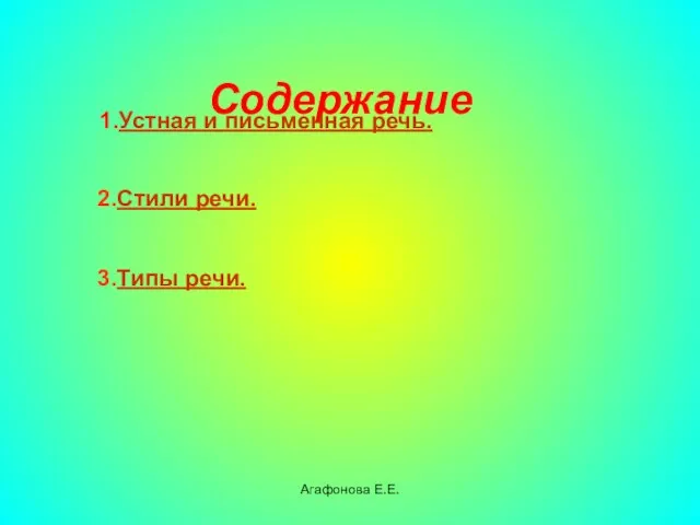 Агафонова Е.Е. Содержание 1.Устная и письменная речь. 2.Стили речи. 3.Типы речи.