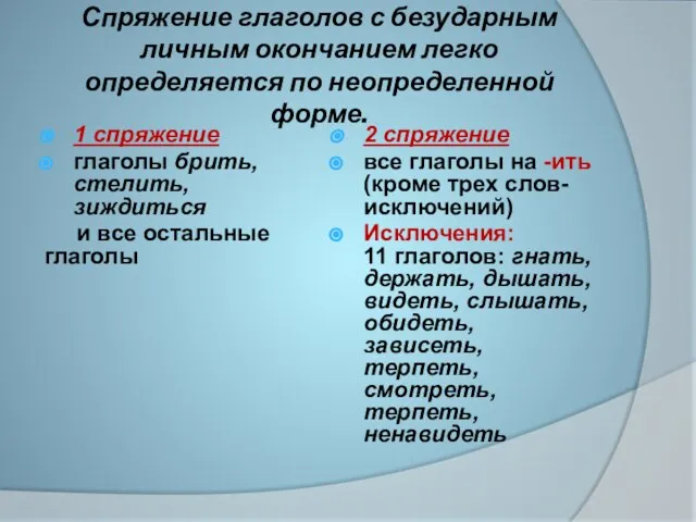 Спряжение глаголов с безударным личным окончанием легко определяется по неопределенной форме. 1