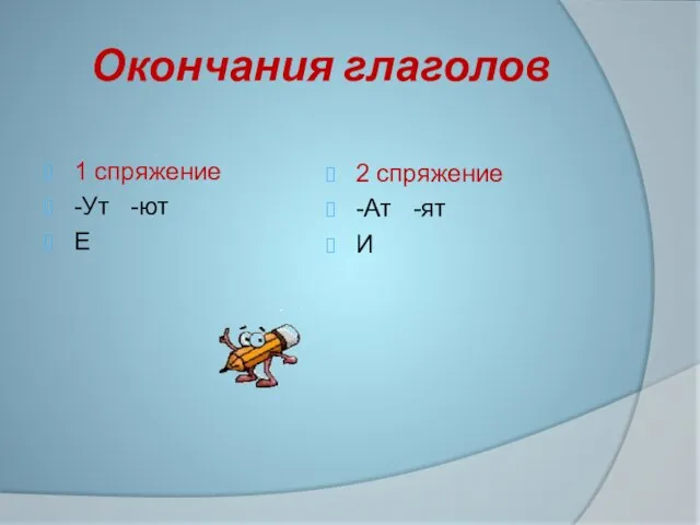 Окончания глаголов 1 спряжение -Ут -ют Е 2 спряжение -Ат -ят И