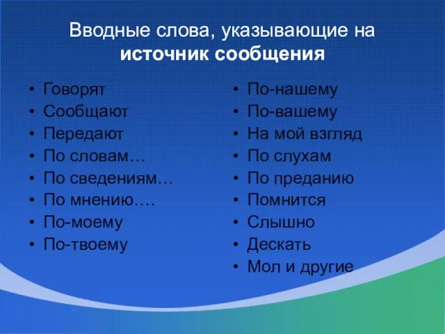 Вводные слова, указывающие на источник сообщения Говорят Сообщают Передают По словам… По