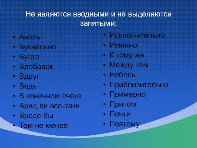 Не являются вводными и не выделяются запятыми: Авось Буквально Будто Вдобавок Вдруг