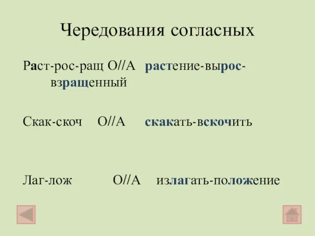 Чередования согласных Раст-рос-ращ О//А растение-вырос- взращенный Скак-скоч О//А скакать-вскочить Лаг-лож О//А излагать-положение