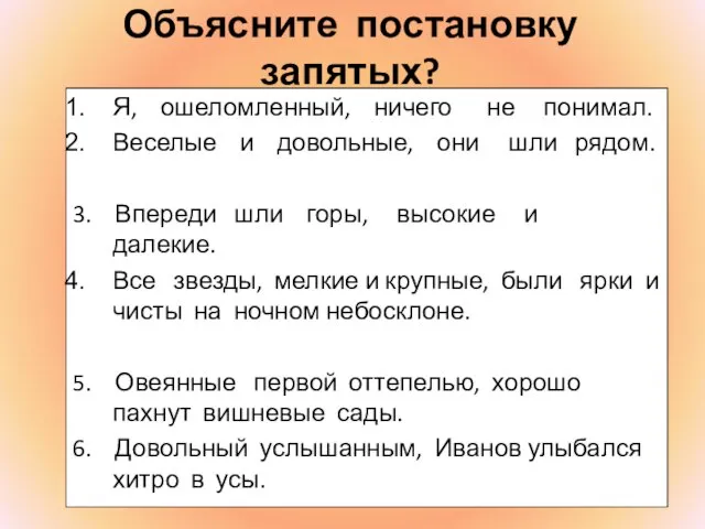 Объясните постановку запятых? Я, ошеломленный, ничего не понимал. Веселые и довольные, они