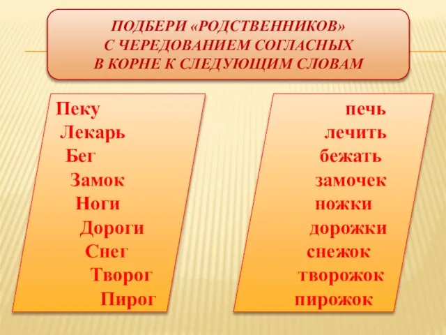 Подбери «родственников» с чередованием согласных в корне к следующим словам Пеку Лекарь