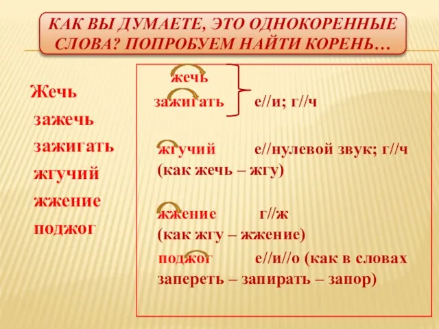 Как вы думаете, это однокоренные слова? Попробуем найти корень… Жечь зажечь зажигать