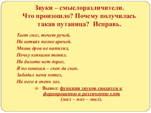 Звуки – смыслоразличители. Что произошло? Почему получилась такая путаница? Исправь. Тает снег,