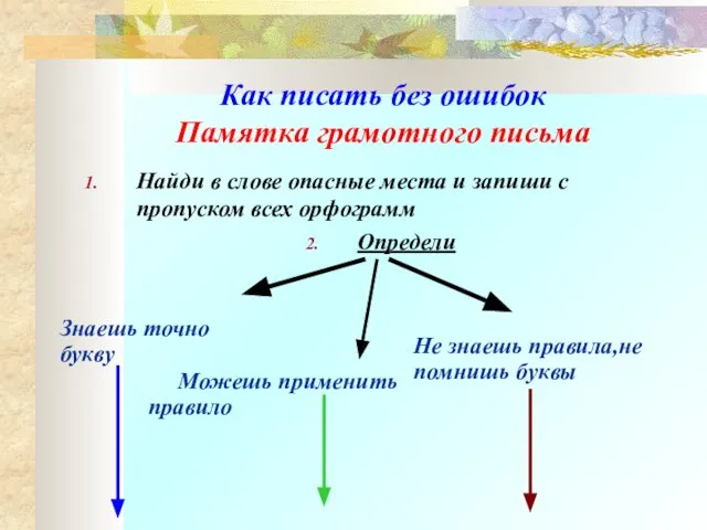 Как писать без ошибок Памятка грамотного письма Найди в слове опасные места