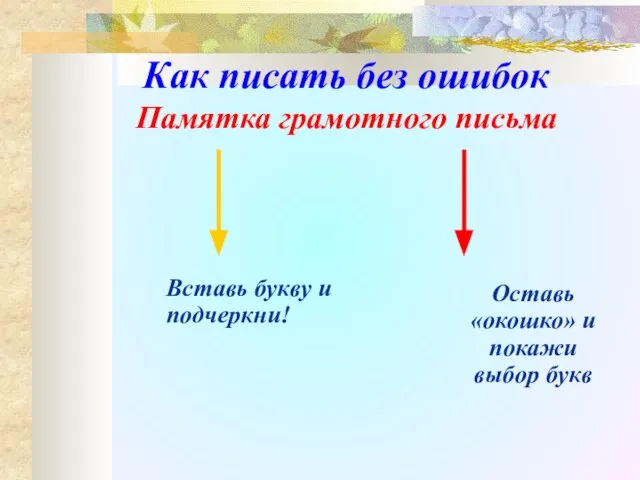 Как писать без ошибок Памятка грамотного письма Вставь букву и подчеркни! Оставь