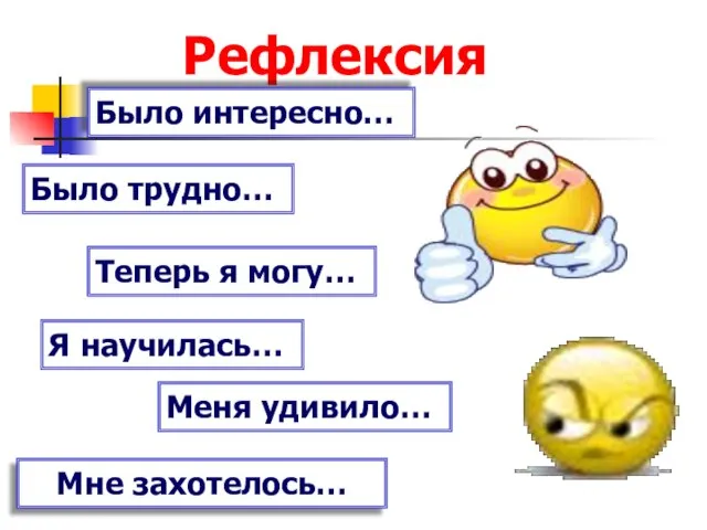 Рефлексия Было интересно… Было трудно… Теперь я могу… Я научилась… Меня удивило… Мне захотелось…