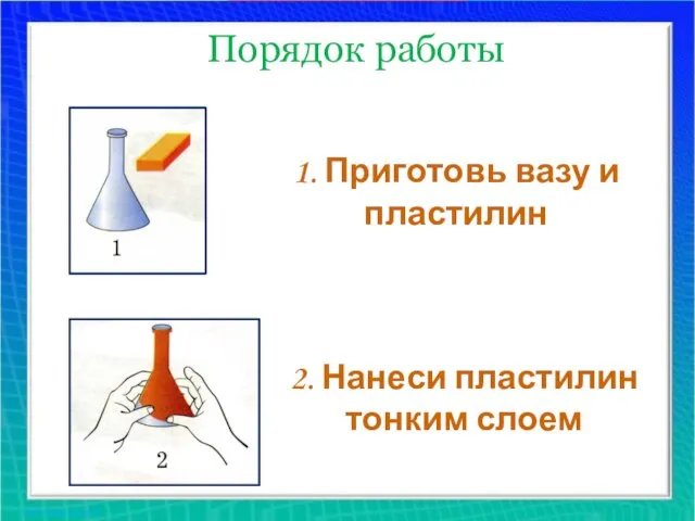 Порядок работы 1. Приготовь вазу и пластилин 2. Нанеси пластилин тонким слоем