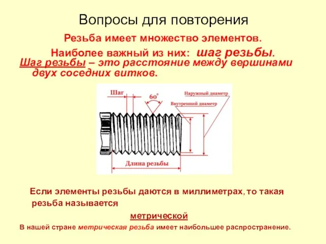 Резьба имеет множество элементов. Наиболее важный из них: шаг резьбы. Шаг резьбы