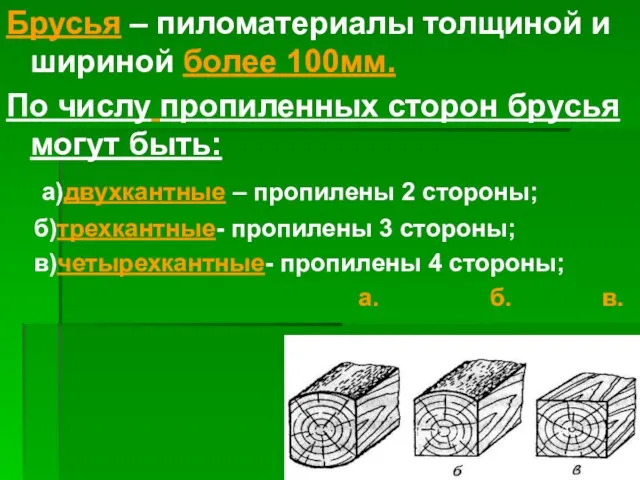 Брусья – пиломатериалы толщиной и шириной более 100мм. По числу пропиленных сторон