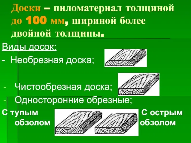 Доски – пиломатериал толщиной до 100 мм, шириной более двойной толщины. Виды