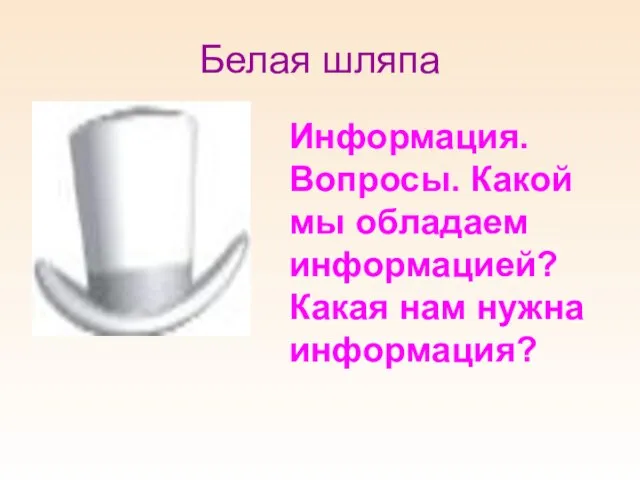 Белая шляпа Информация. Вопросы. Какой мы обладаем информацией? Какая нам нужна информация?