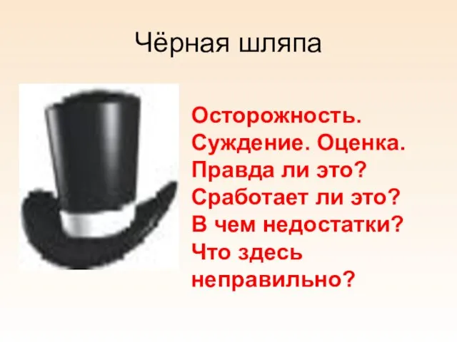 Чёрная шляпа Осторожность. Суждение. Оценка. Правда ли это? Сработает ли это? В