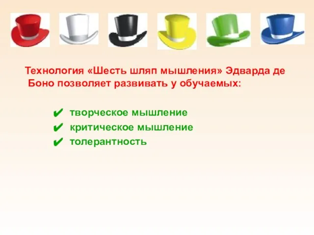 Технология «Шесть шляп мышления» Эдварда де Боно позволяет развивать у обучаемых: творческое мышление критическое мышление толерантность