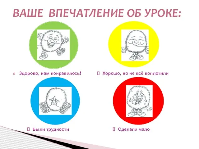 Здорово, нам понравилось! Ваше впечатление об уроке: Хорошо, но не всё воплотили Были трудности Сделали мало