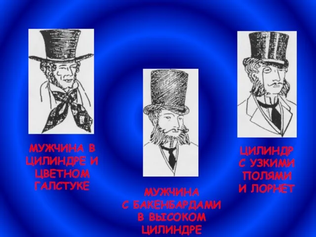 МУЖЧИНА С БАКЕНБАРДАМИ В ВЫСОКОМ ЦИЛИНДРЕ ЦИЛИНДР С УЗКИМИ ПОЛЯМИ И ЛОРНЕТ