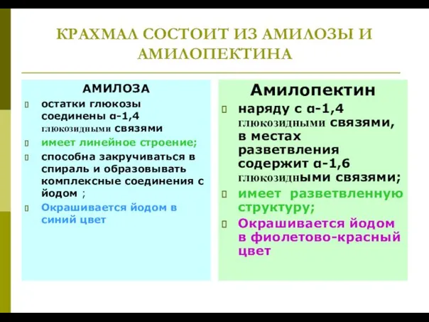 КРАХМАЛ СОСТОИТ ИЗ АМИЛОЗЫ И АМИЛОПЕКТИНА АМИЛОЗА остатки глюкозы соединены α-1,4 глюкозидными