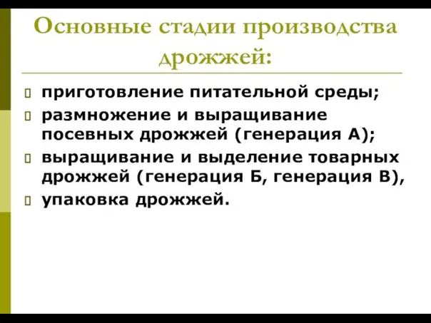 Основные стадии производства дрожжей: приготовление питательной среды; размножение и выращивание посевных дрожжей