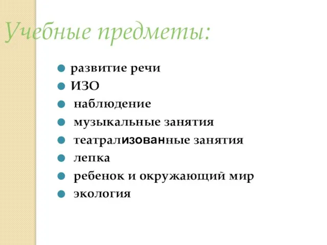 Учебные предметы: развитие речи ИЗО наблюдение музыкальные занятия театрализованные занятия лепка ребенок и окружающий мир экология