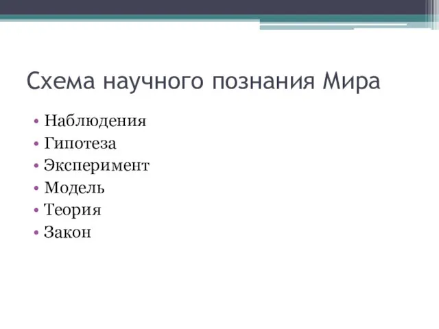 Схема научного познания Мира Наблюдения Гипотеза Эксперимент Модель Теория Закон