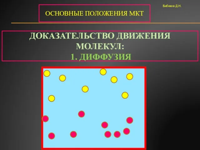 ОСНОВНЫЕ ПОЛОЖЕНИЯ МКТ ДОКАЗАТЕЛЬСТВО ДВИЖЕНИЯ МОЛЕКУЛ: 1. ДИФФУЗИЯ Бибиков Д.Н.