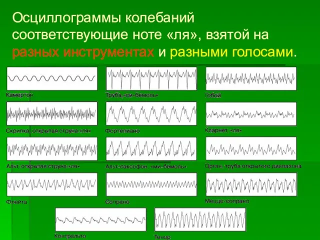 Осциллограммы колебаний соответствующие ноте «ля», взятой на разных инструментах и разными голосами.