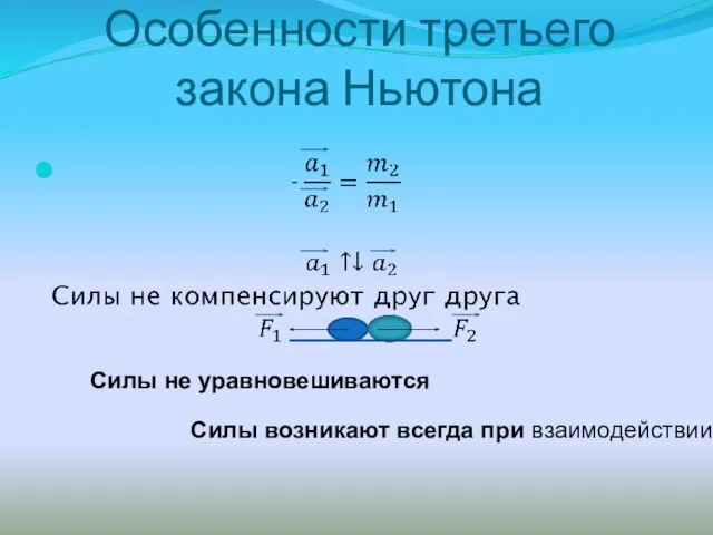 Особенности третьего закона Ньютона - Силы не уравновешиваются Силы возникают всегда при взаимодействии