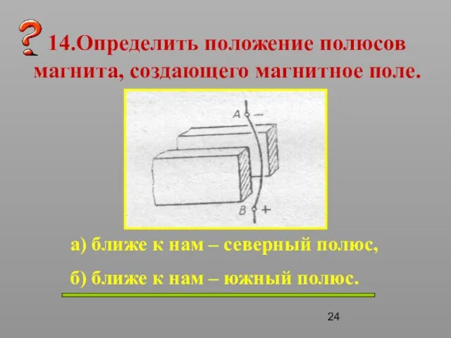 14.Определить положение полюсов магнита, создающего магнитное поле. а) ближе к нам –