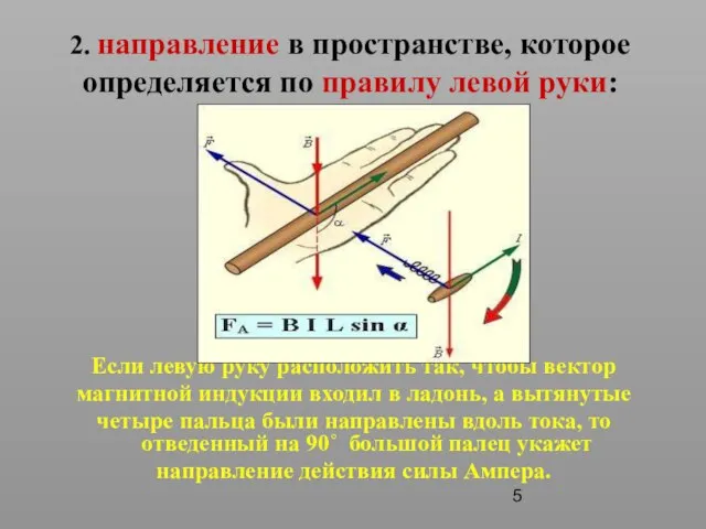 2. направление в пространстве, которое определяется по правилу левой руки: Если левую