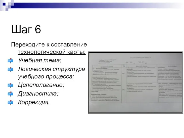 Шаг 6 Переходите к составление технологической карты: Учебная тема; Логическая структура учебного процесса; Целеполагание; Диагностика; Коррекция.