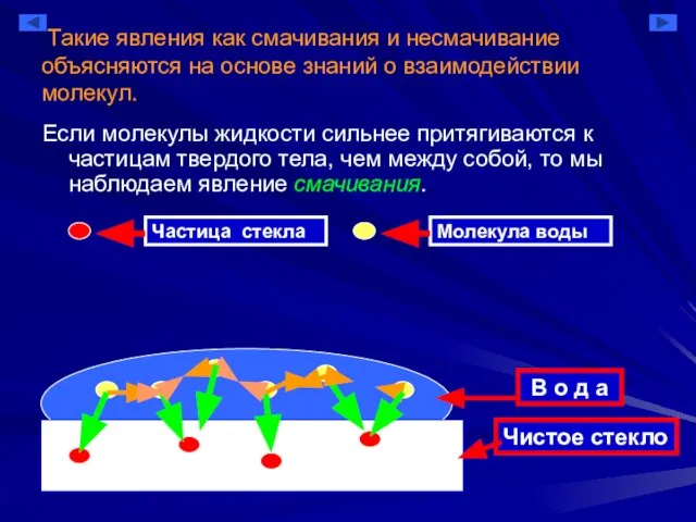 Такие явления как смачивания и несмачивание объясняются на основе знаний о взаимодействии