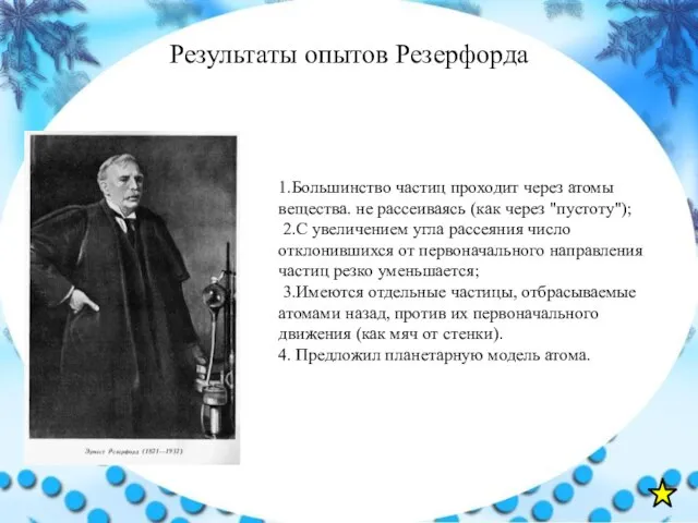 Результаты опытов Резерфорда 1.Большинство частиц проходит через атомы вещества. не рассеиваясь (как