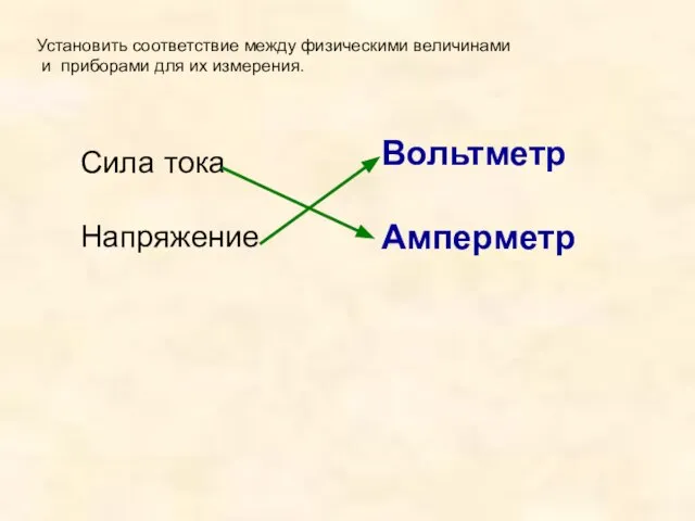 Установить соответствие между физическими величинами и приборами для их измерения. Сила тока Напряжение Вольтметр Амперметр