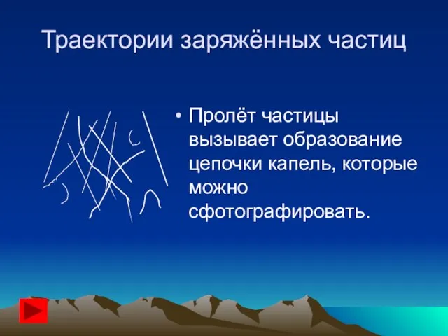 Траектории заряжённых частиц Пролёт частицы вызывает образование цепочки капель, которые можно сфотографировать.