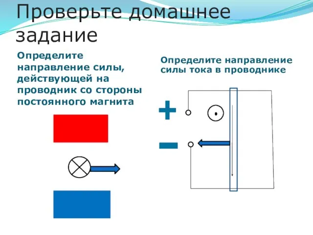 Проверьте домашнее задание Определите направление силы, действующей на проводник cо стороны постоянного