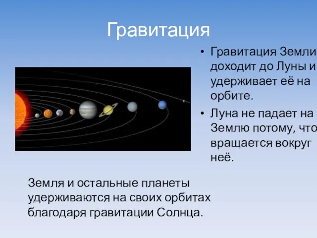 Гравитация Гравитация Земли доходит до Луны и удерживает её на орбите. Луна