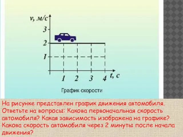 На рисунке представлен график движения автомобиля. Ответьте на вопросы: Какова первоначальная скорость